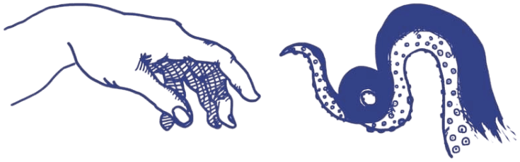 A human hand reaching toward a squid tentacle